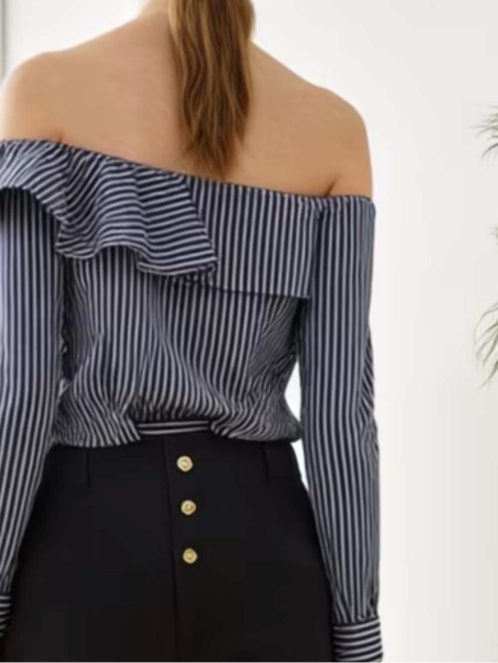 🎉HOST PICK POSH Party🎉 Off-Shoulder Navy & White Striped Ruffle Top - Picture 2 of 4